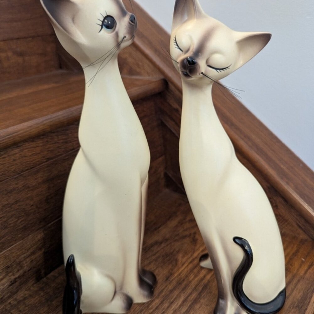 Vintage Norcrest Japan Siamese Long Neck Cats 1950s Tall Porcelain Cat Figurines - Picture 5 of 14